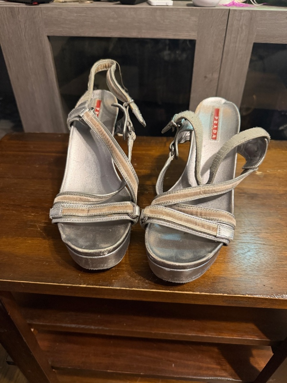 Prada Metallic Taupe Strappy Platform Sandals